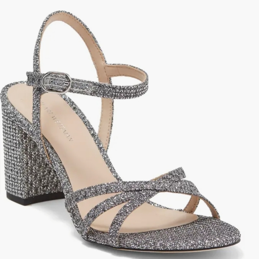 Stuart Weitzman Starla Gunmetal Silver Glitter Block Heel Sandals